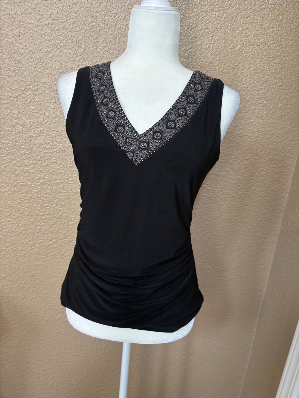 White House Black Market Black V-Neck Tank with Embroidered Trim